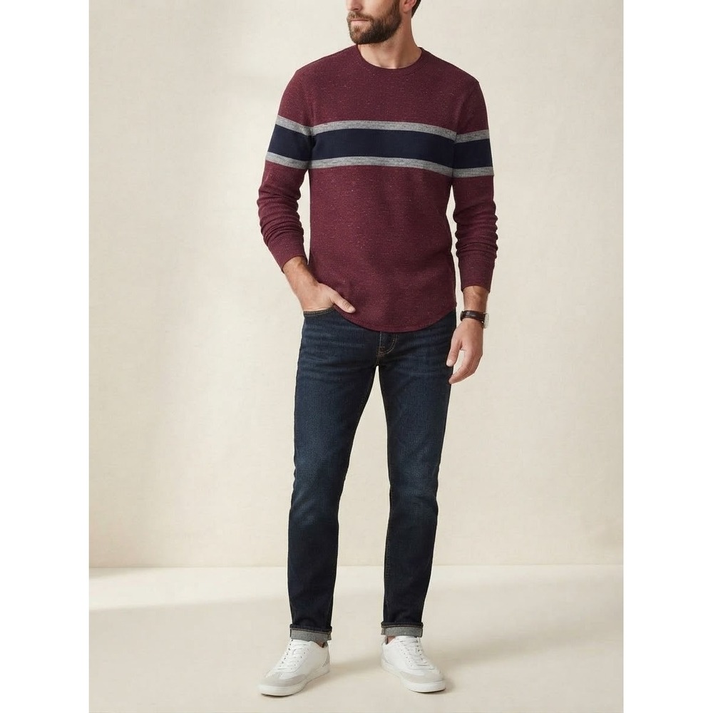 American Eagle Mens Thermal Shirt Burgundy Waffle Knit Striped Long Sleeve M NEW